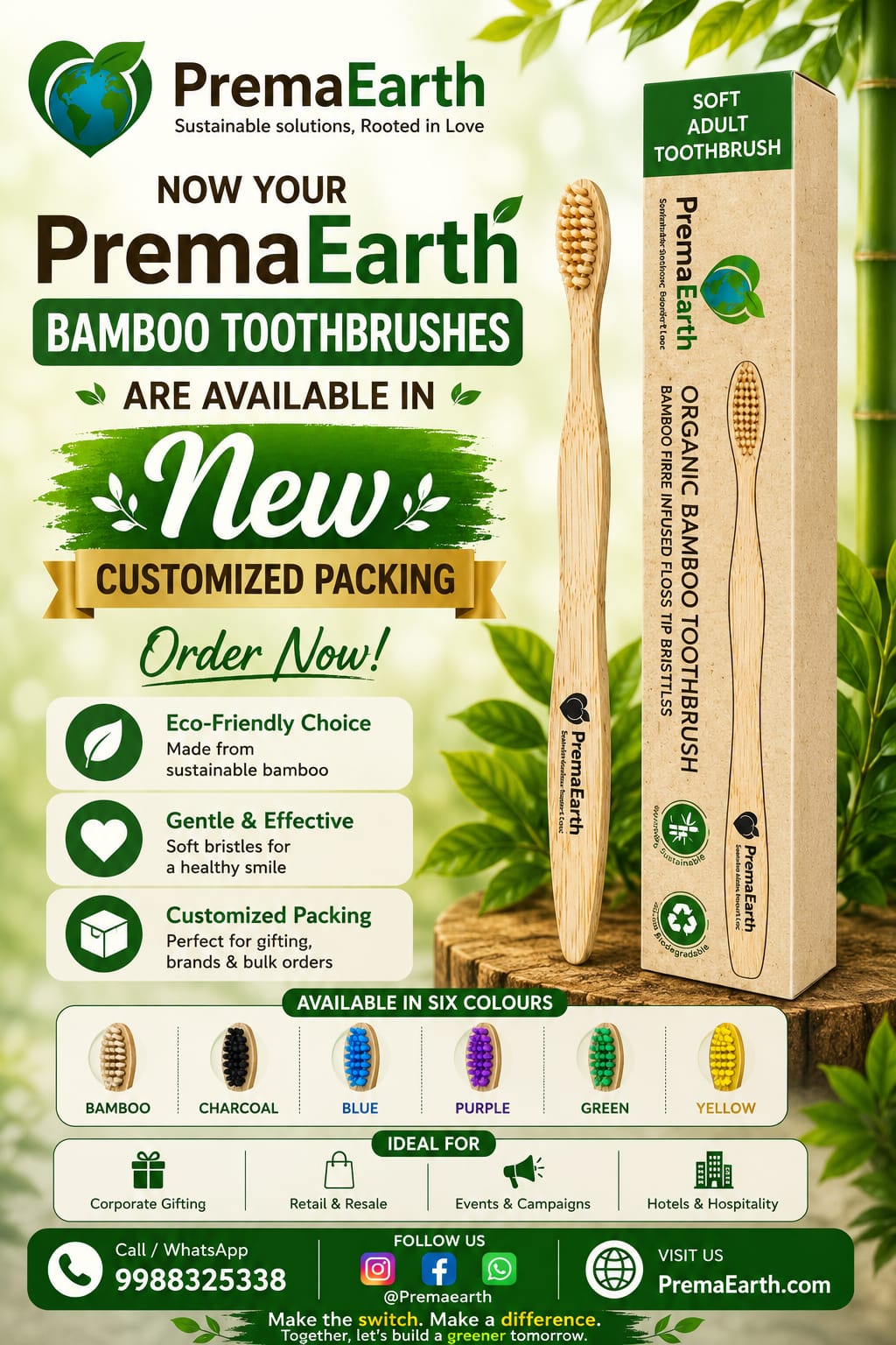 PremaEarth customized bamboo toothbrush packaging poster with product box, toothbrush, and sustainability highlights