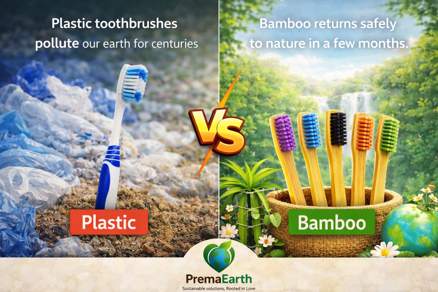 Plastic vs Bamboo - Plastic toothbrushes pollute our earth for centuries, Bamboo returns safely to nature in a few months