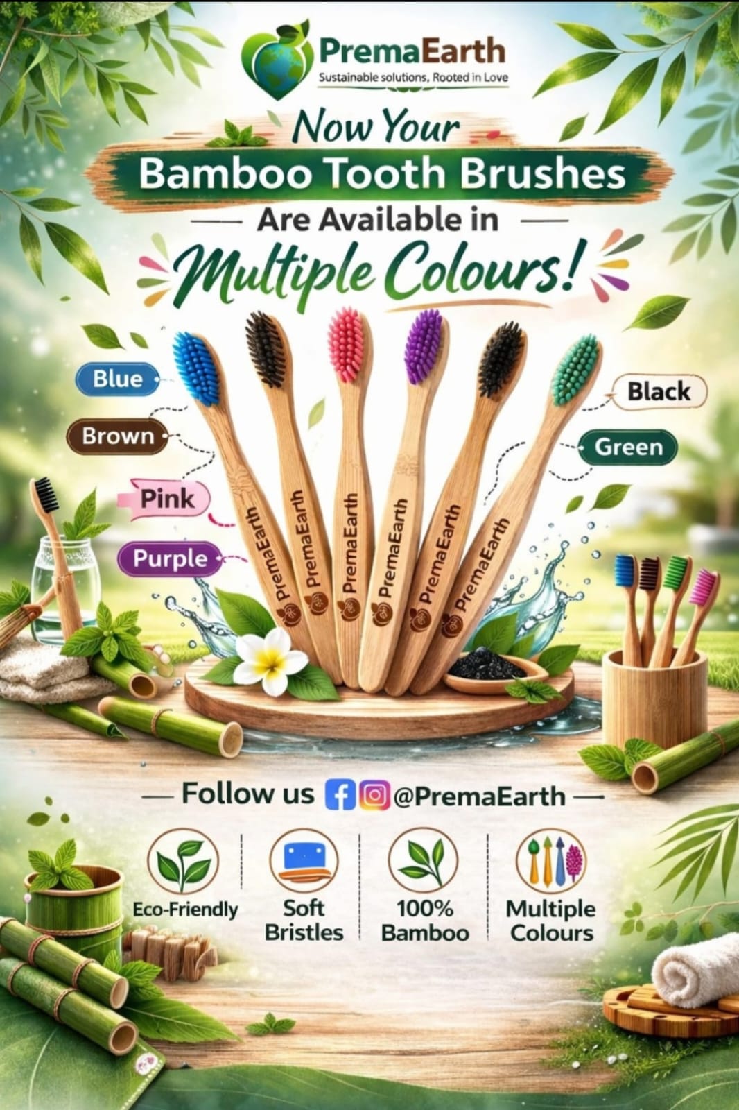 PremaEarth Bamboo Toothbrushes Available in Multiple Colours - Blue, Brown, Pink, Purple, Black, Green - Eco-Friendly, Soft Bristles, 100% Bamboo